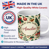 Personalized Custom Name Festive Christmas Stocking Gifts Bells Holly Leaves Seamless Pattern 11oz Ceramic Coffee Tea Mug White Large Handle