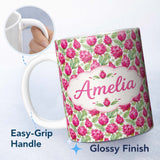 Personalized Custom Name Watercolor Dragon Fruit Tropical Seamless Pattern Cute Unique Gift 11oz Ceramic Coffee Tea Mug White Large Handle