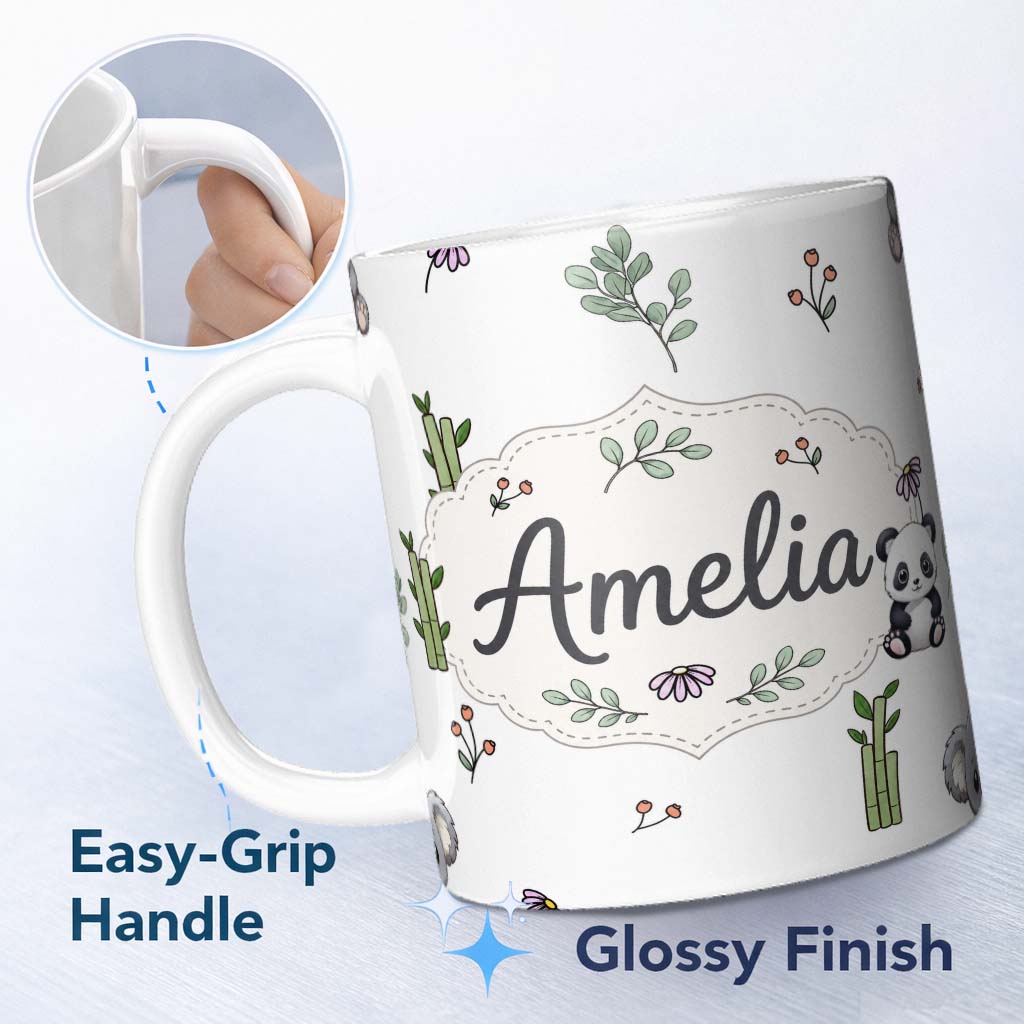Personalized Custom Name Cute Panda Bear with Bamboo Leaves Floral Pattern Light Grey Lovely 11oz Ceramic Coffee Tea Mug White Large Handle