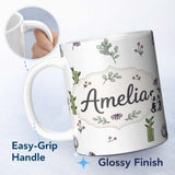 Personalized Custom Name Cute Panda Bear with Bamboo Leaves Floral Pattern Light Grey Lovely 11oz Ceramic Coffee Tea Mug White Large Handle