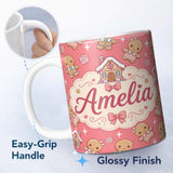 Personalized Custom Name Cute Christmas Gingerbread Characters Candy House Pattern Coral 11oz Ceramic Coffee Tea Mug White Large Handle
