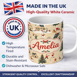 Personalized Custom Name Classic Winter Village Ice Skating Christmas Scene Seamless Pattern 11oz Ceramic Coffee Tea Mug White Large Handle