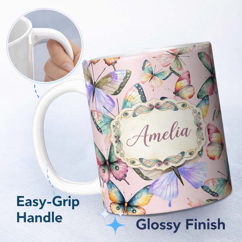 Personalized Custom Name Colorful Watercolor Butterflies on Dusty Pink Background Seamless 11oz Ceramic Coffee Tea Mug White Large Handle