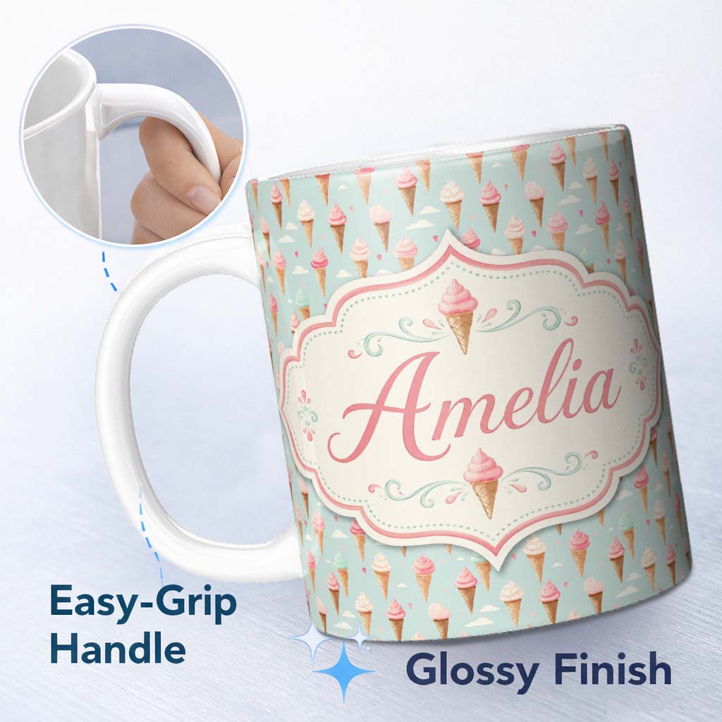Personalized Custom Name Pastel Ice Cream Cones on Sky Blue with Clouds Cute Sweet Dessert 11oz Ceramic Coffee Tea Mug White Large Handle