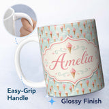Personalized Custom Name Pastel Ice Cream Cones on Sky Blue with Clouds Cute Sweet Dessert 11oz Ceramic Coffee Tea Mug White Large Handle