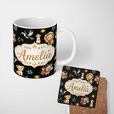 Personalized Custom Name Jungle Animals Lion Meerkat Toucan Boar on Black Seamless Pattern 11oz Ceramic Coffee Tea Mug White Large Handle