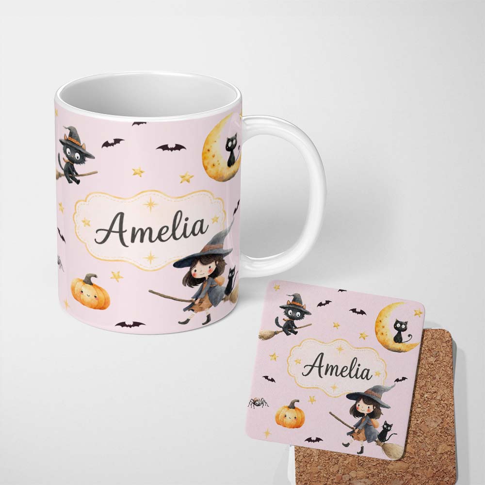 Personalized Custom Name Halloween Witch Girl Flying on Broom with Black Cat Moon and Stars 11oz Ceramic Coffee Tea Mug White Large Handle
