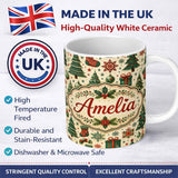 Personalized Custom Name Vintage Snowman Candy Cane Christmas Tree Cute Seamless Pattern 11oz Ceramic Coffee Tea Mug White Large Handle