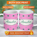Personalized Custom Name Green Star Shapes on Pink Background Seamless Pattern Lovely 11oz Ceramic Coffee Tea Mug White Large Handle