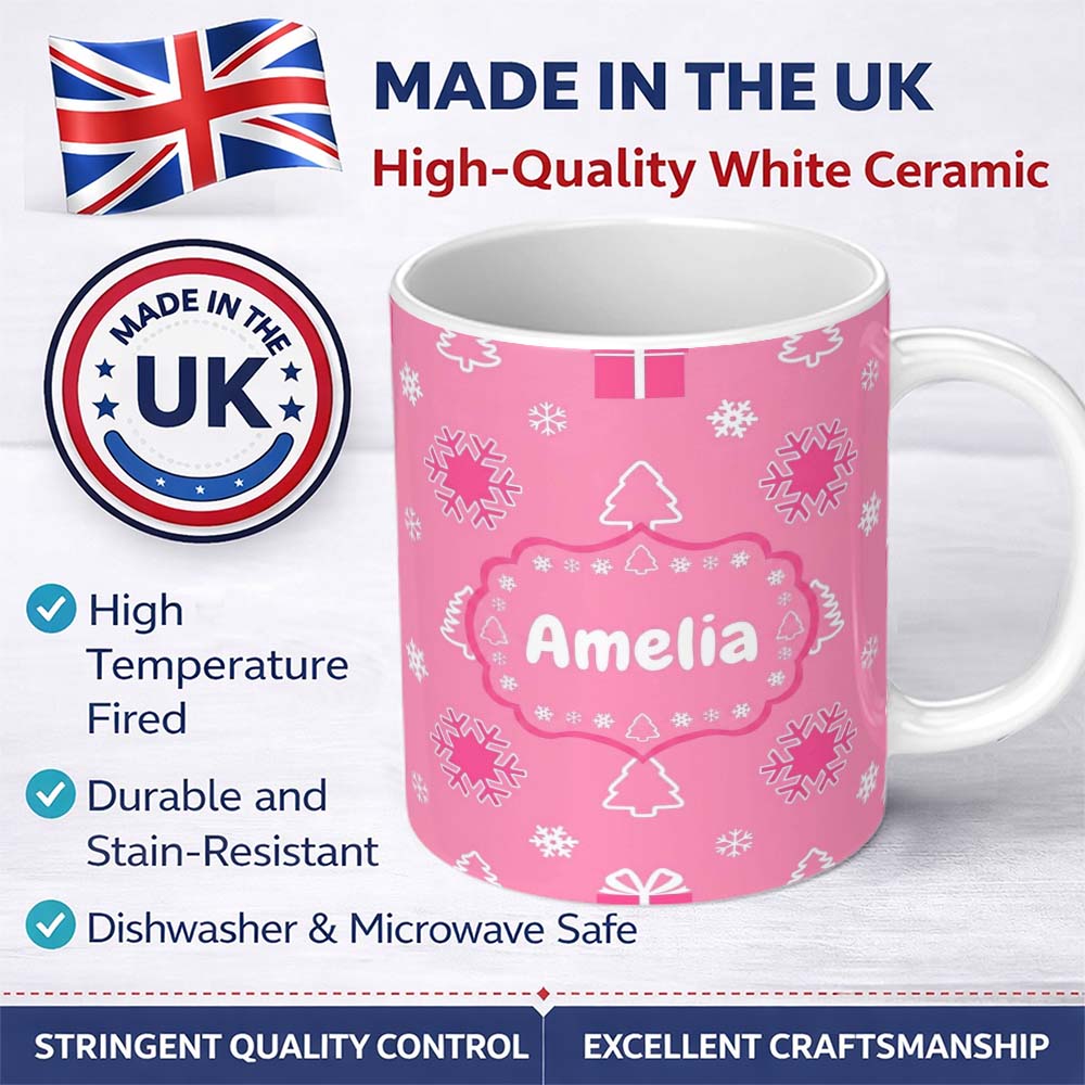 Personalized Custom Name Cute Pink Christmas Snowflakes Trees Gift Box Seamless Pattern 11oz Ceramic Coffee Tea Mug White Large Handle