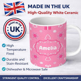 Personalized Custom Name Cute Pink Christmas Snowflakes Trees Gift Box Seamless Pattern 11oz Ceramic Coffee Tea Mug White Large Handle