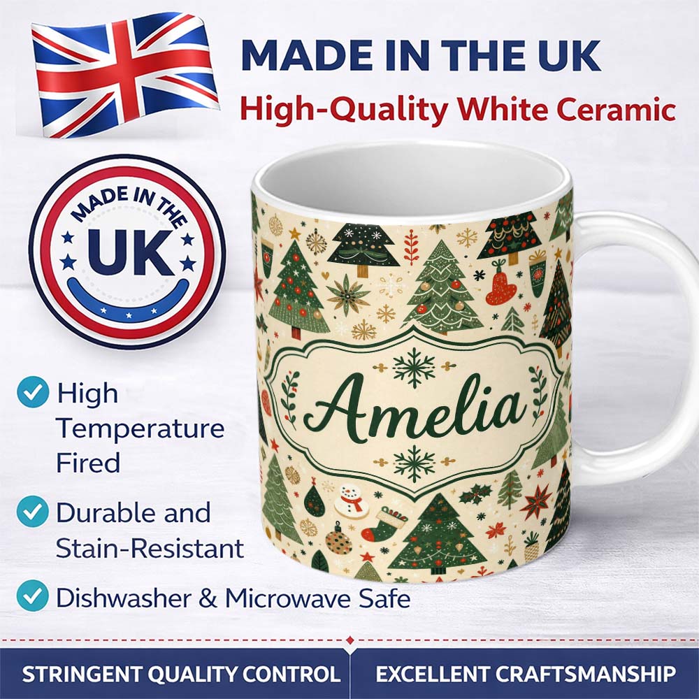 Personalized Custom Name Vintage Christmas Trees Ornaments Snowflakes Festive Seamless Lovely 11oz Ceramic Coffee Tea Mug White Large Handle