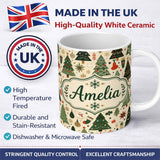Personalized Custom Name Vintage Christmas Trees Ornaments Snowflakes Festive Seamless Lovely 11oz Ceramic Coffee Tea Mug White Large Handle