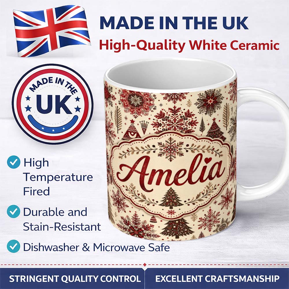 Personalized Custom Name Red Christmas Snowflake Tree Folk Art Winter Seamless Pattern Lovely 11oz Ceramic Coffee Tea Mug White Large Handle