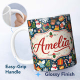 Personalized Custom Name Cute Christmas Santa Snowman Reindeer Gift Seamless Pattern Festive 11oz Ceramic Coffee Tea Mug White Large Handle