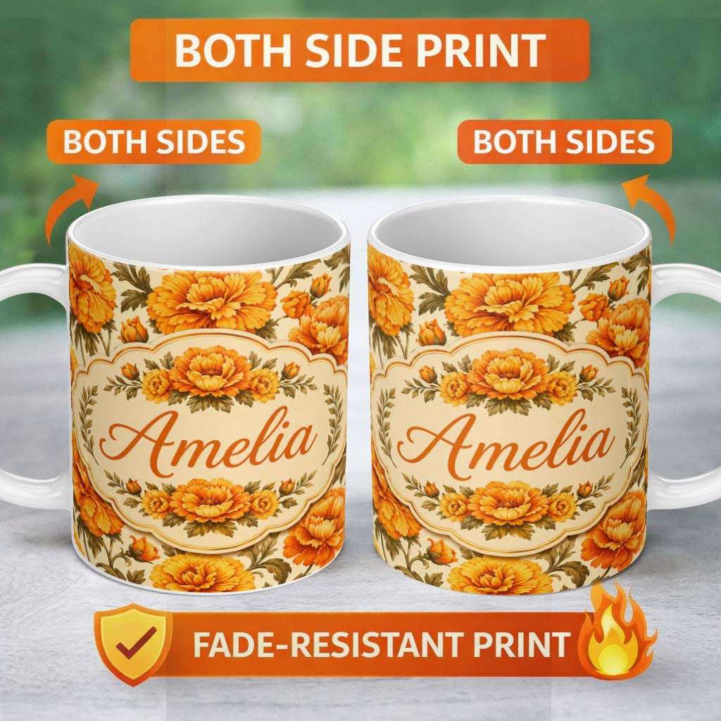 Personalized Custom Name Bold Orange Poppy Floral Seamless Pattern Vintage Botanical Bloom 11oz Ceramic Coffee Tea Mug White Large Handle