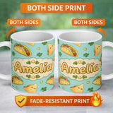 Personalized Custom Name Cute Kawaii Tacos and Wraps Seamless Pattern Teal Background Name 11oz Ceramic Coffee Tea Mug White Large Handle
