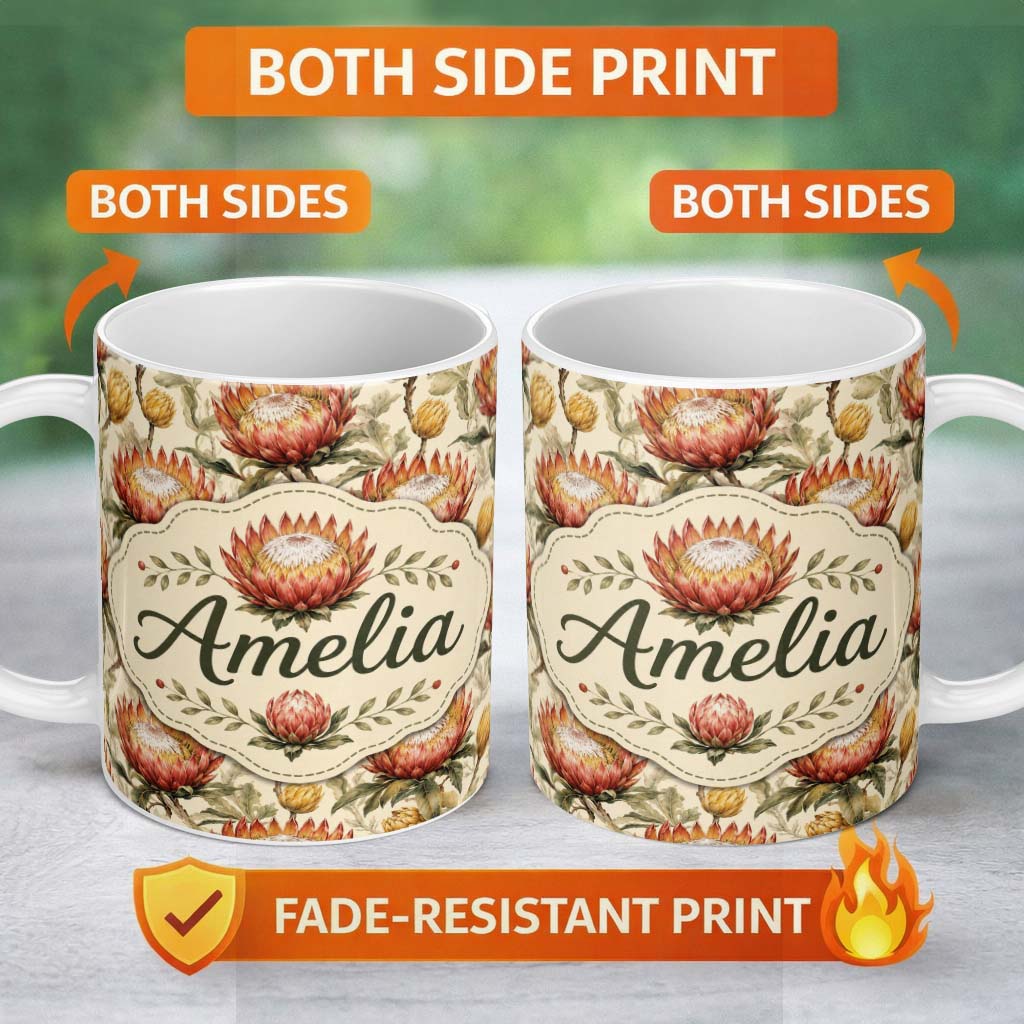 Personalized Custom Name Protea Flowers with Yellow Buds Botanical Seamless Pattern Lovely 11oz Ceramic Coffee Tea Mug White Large Handle