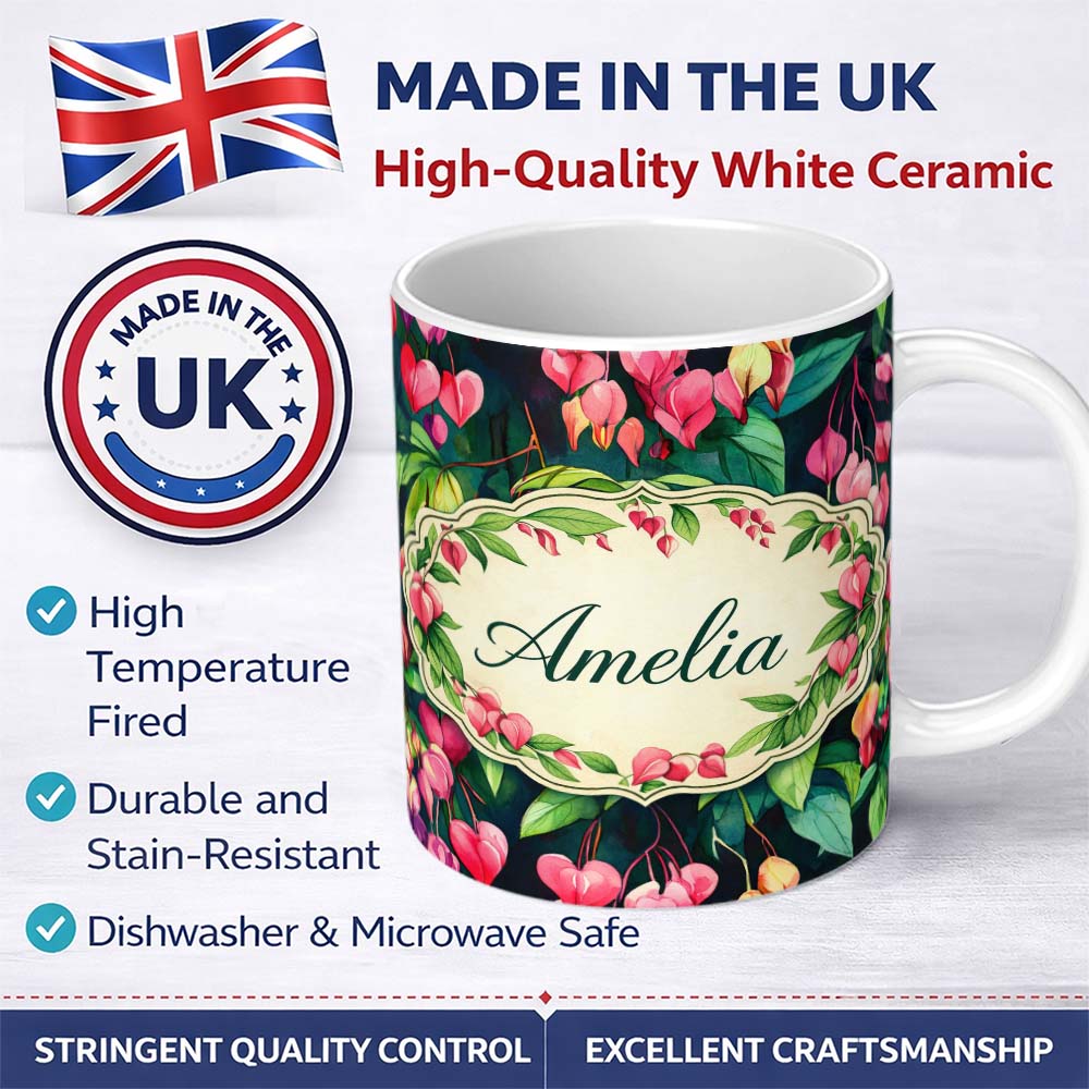 Personalized Custom Name Pink Bleeding Heart Flowers Botanical Watercolor Floral Pattern 11oz Ceramic Coffee Tea Mug White Large Handle