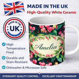 Personalized Custom Name Pink Bleeding Heart Flowers Botanical Watercolor Floral Pattern 11oz Ceramic Coffee Tea Mug White Large Handle