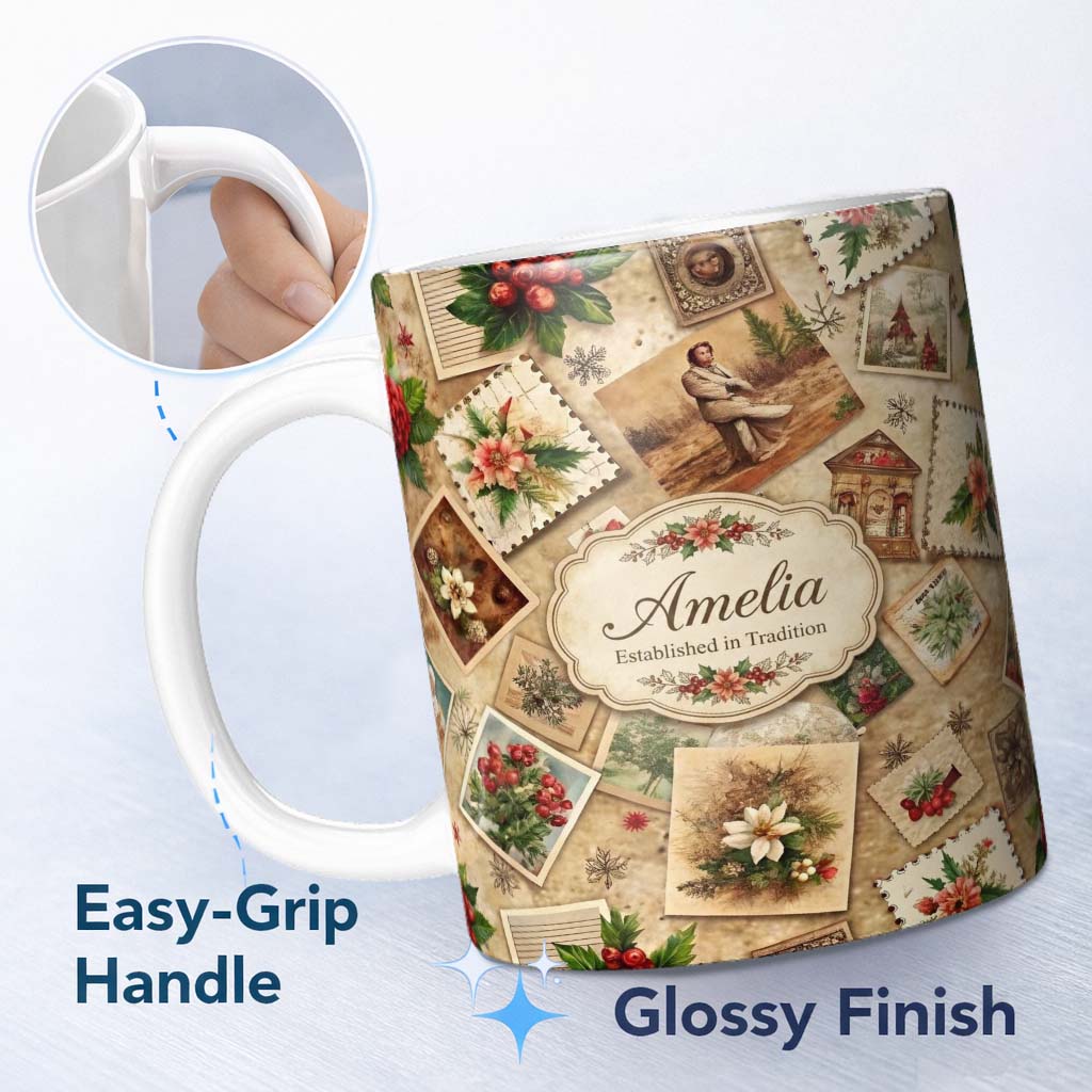 Personalized Custom Name Antique Christmas Collage with Floral Cards and Holiday Decorations 11oz Ceramic Coffee Tea Mug White Large Handle
