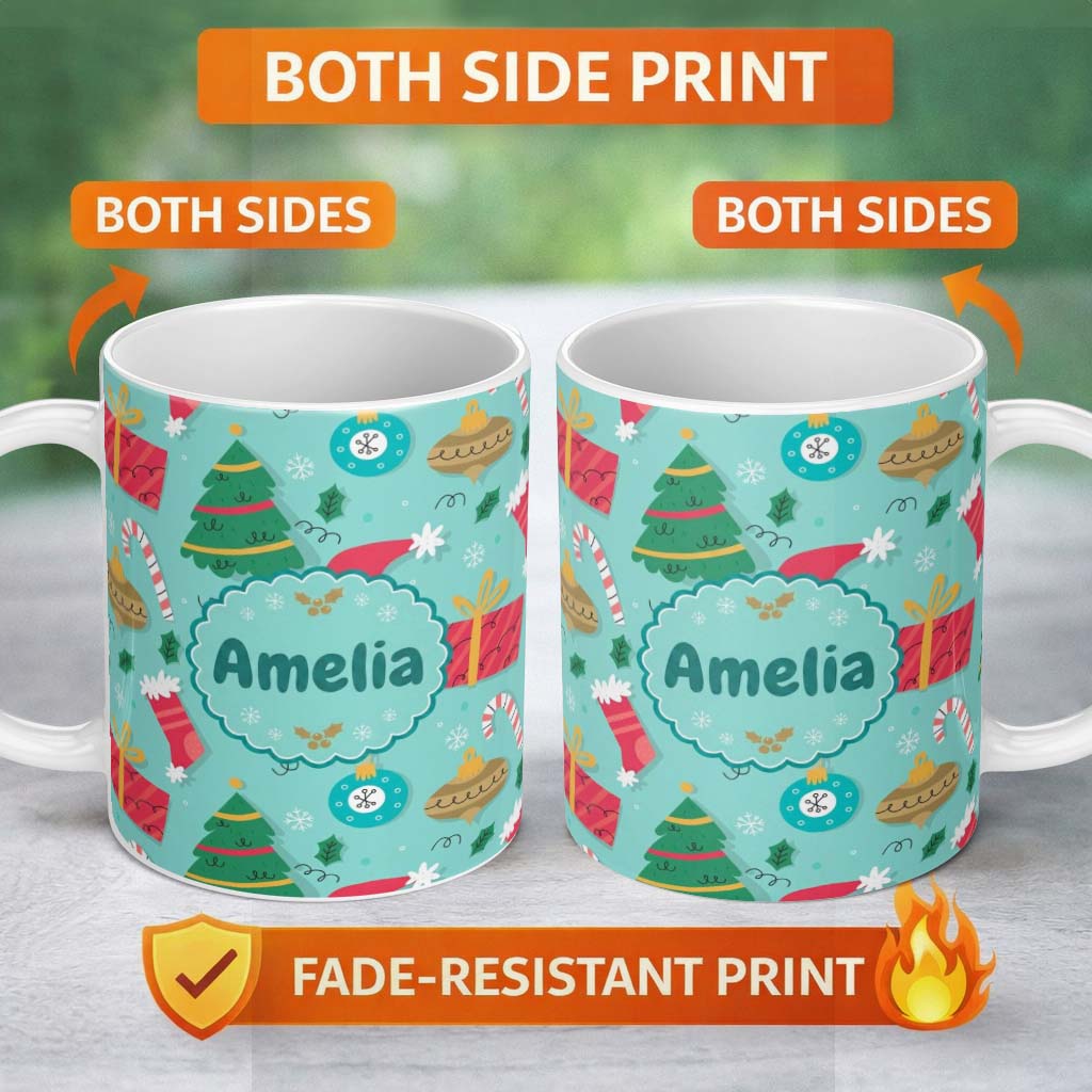 Personalized Custom Name Christmas Tree Baubles Gifts Mug Candy Cane Festive Holiday Seamless 11oz Ceramic Coffee Tea Mug White Large Handle