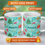 Personalized Custom Name Christmas Tree Baubles Gifts Mug Candy Cane Festive Holiday Seamless 11oz Ceramic Coffee Tea Mug White Large Handle