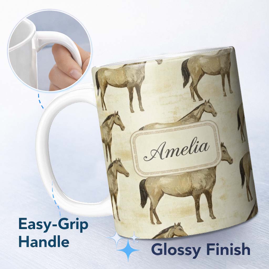 Personalized Custom Name Vintage Rustic Horse Illustration Farm Animal Seamless Pattern 11oz Ceramic Coffee Tea Mug White Large Handle
