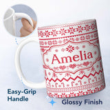 Personalized Custom Name Scandinavian Red Nordic Knit Snowflake Pattern Seamless Pattern 11oz Ceramic Coffee Tea Mug White Large Handle