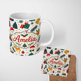 Personalized Custom Name Cute Santa Reindeer Gift Box Pine Branch Seamless Pattern Lovely 11oz Ceramic Coffee Tea Mug White Large Handle