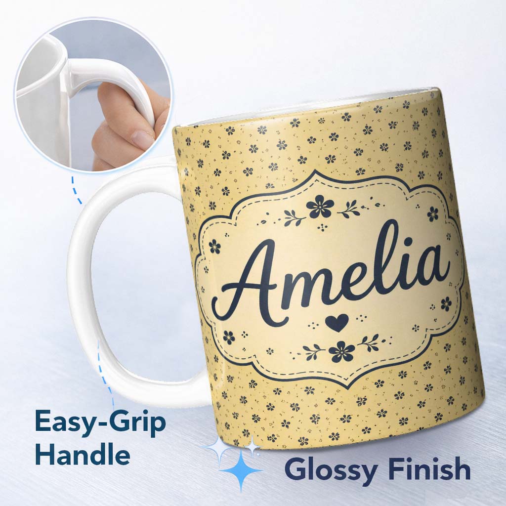 Personalized Custom Name Minimal Beige Floral Ditsy with Small Black Flowers on Warm Neutral 11oz Ceramic Coffee Tea Mug White Large Handle
