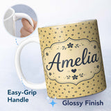 Personalized Custom Name Minimal Beige Floral Ditsy with Small Black Flowers on Warm Neutral 11oz Ceramic Coffee Tea Mug White Large Handle