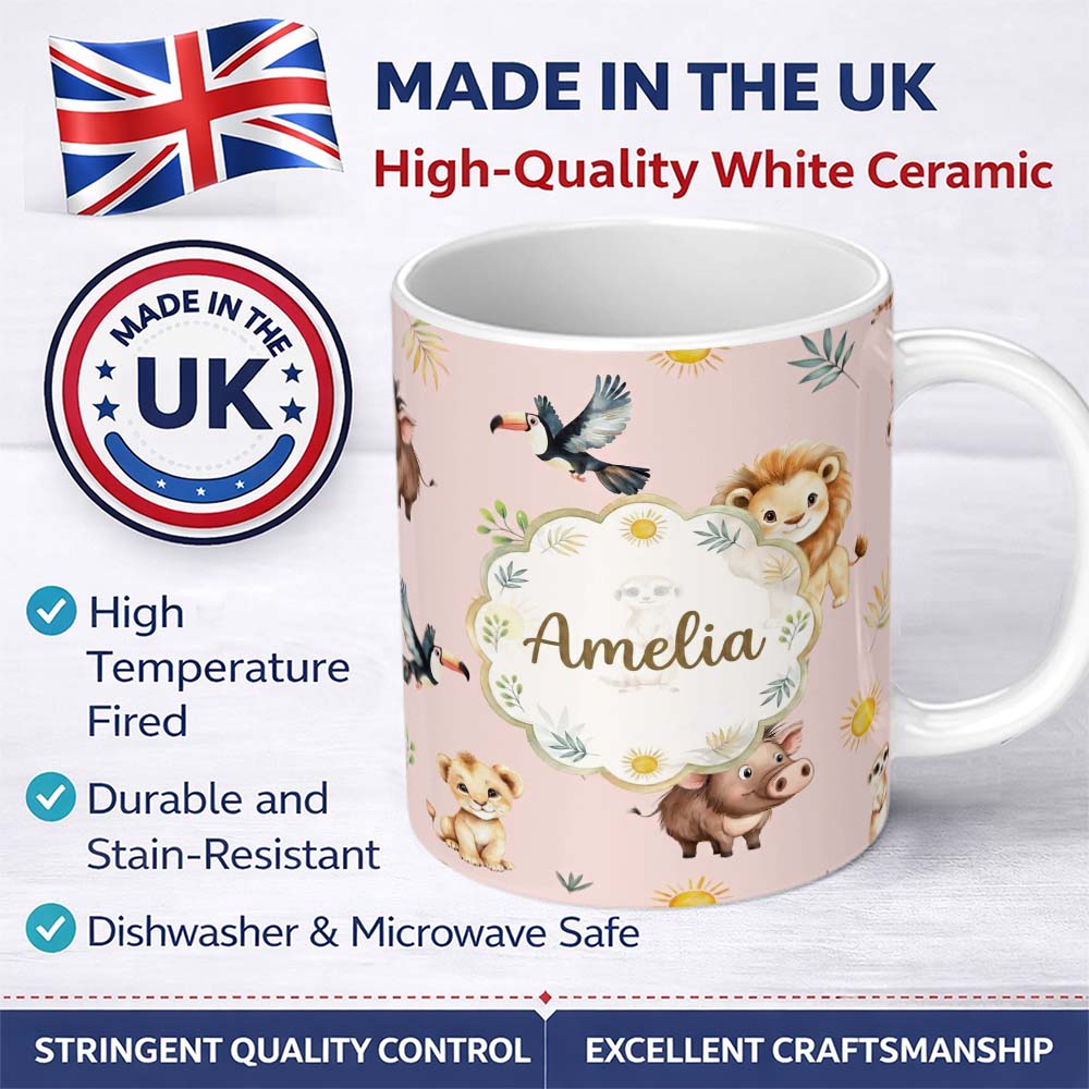 Personalized Custom Name Jungle Animals Lion Meerkat Toucan Boar on Blush Pink Seamless 11oz Ceramic Coffee Tea Mug White Large Handle