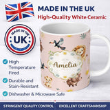 Personalized Custom Name Jungle Animals Lion Meerkat Toucan Boar on Blush Pink Seamless 11oz Ceramic Coffee Tea Mug White Large Handle