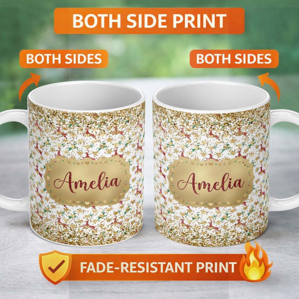 Personalized Custom Name Gold Reindeer Heart Confetti Seamless Pattern Design Christmas 11oz Ceramic Coffee Tea Mug White Large Handle