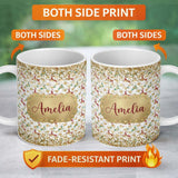 Personalized Custom Name Gold Reindeer Heart Confetti Seamless Pattern Design Christmas 11oz Ceramic Coffee Tea Mug White Large Handle