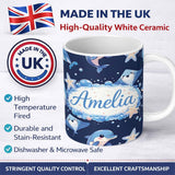 Personalized Custom Name Cute Dolphin Stingray Starfish Cartoon Sea Life Pattern Navy Lovely 11oz Ceramic Coffee Tea Mug White Large Handle