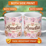 Personalized Custom Name Cute Christmas Gingerbread Candy Gift House Seamless Pattern Pink 11oz Ceramic Coffee Tea Mug White Large Handle