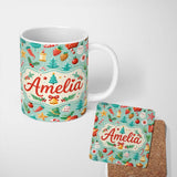Personalized Custom Name Watercolor Christmas Tree Strawberry Ornament Seamless Pattern 11oz Ceramic Coffee Tea Mug White Large Handle