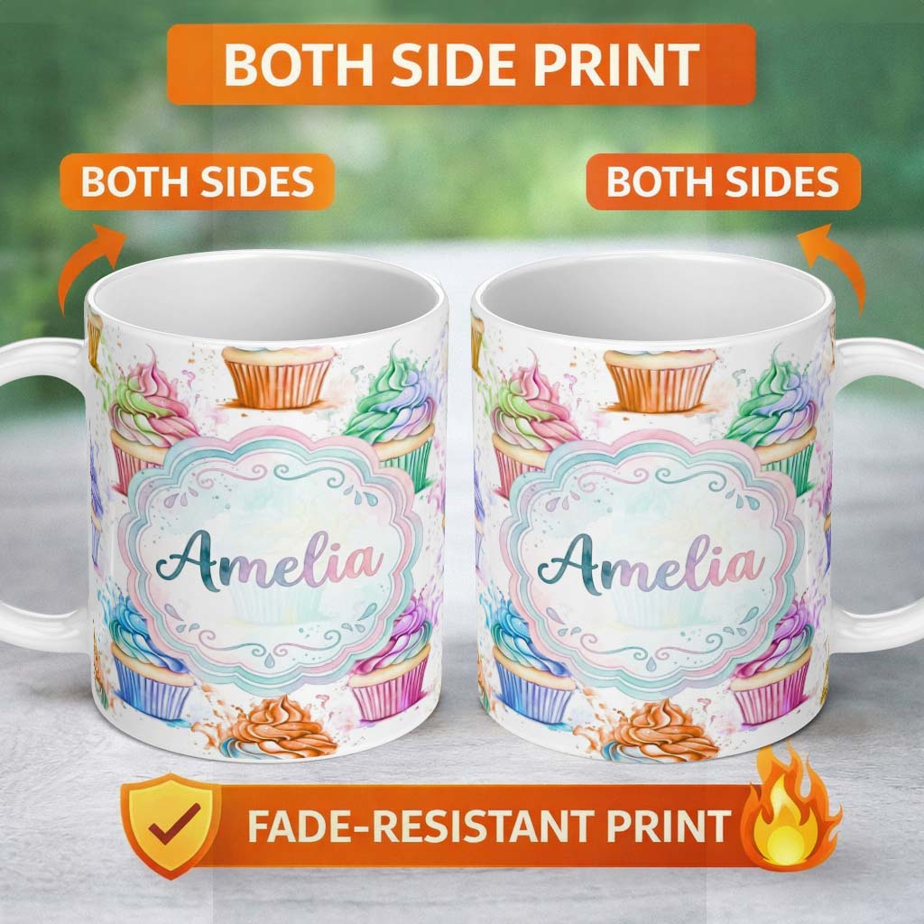 Personalized Custom Name Watercolor Cupcake Sweet Dessert Splash Seamless Pattern Lovely 11oz Ceramic Coffee Tea Mug White Large Handle