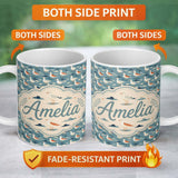 Personalized Custom Name Stylized Seagulls with Abstract Ocean Shapes Seamless Pattern Lovely 11oz Ceramic Coffee Tea Mug White Large Handle
