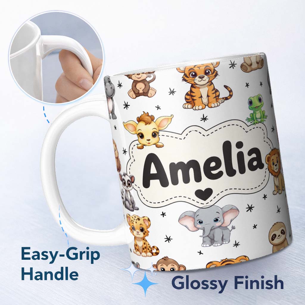 Personalized Custom Name Cute Cartoon Safari Animals with Stars on Light Grey Background 11oz Ceramic Coffee Tea Mug White Large Handle