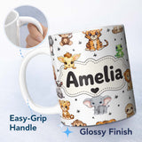 Personalized Custom Name Cute Cartoon Safari Animals with Stars on Light Grey Background 11oz Ceramic Coffee Tea Mug White Large Handle