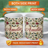 Personalized Custom Name Christmas Candy Cane Bells Santa Hat Seamless Pattern Lovely 11oz Ceramic Coffee Tea Mug White Large Handle