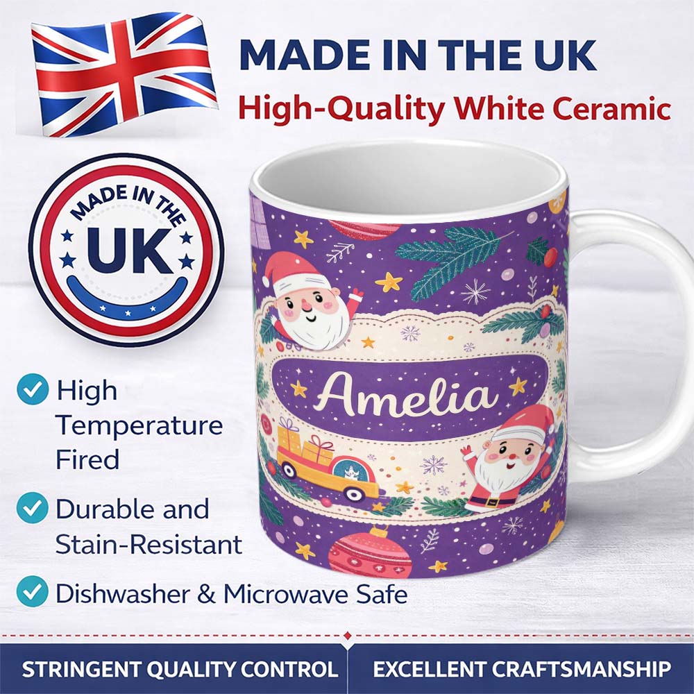 Personalized Custom Name Santa Sleigh Gifts Purple Christmas Festive Seamless Pattern Lovely 11oz Ceramic Coffee Tea Mug White Large Handle