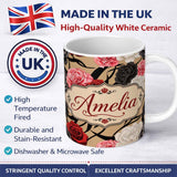 Personalized Custom Name Elegant Rose Floral with Black Red and White Flowers on Beige Lovely 11oz Ceramic Coffee Tea Mug White Large Handle