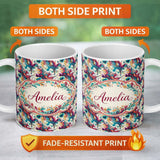 Personalized Custom Name Vibrant Fluid Art Pink Teal Yellow Abstract Pattern Cute Unique Gift 11oz Ceramic Coffee Tea Mug White Large Handle