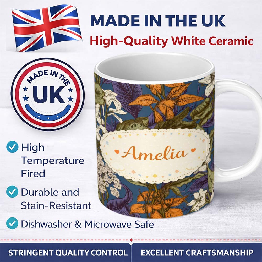 Personalized Custom Name Dark Botanical Floral Vintage Garden Seamless Pattern Lovely 11oz Ceramic Coffee Tea Mug White Large Handle