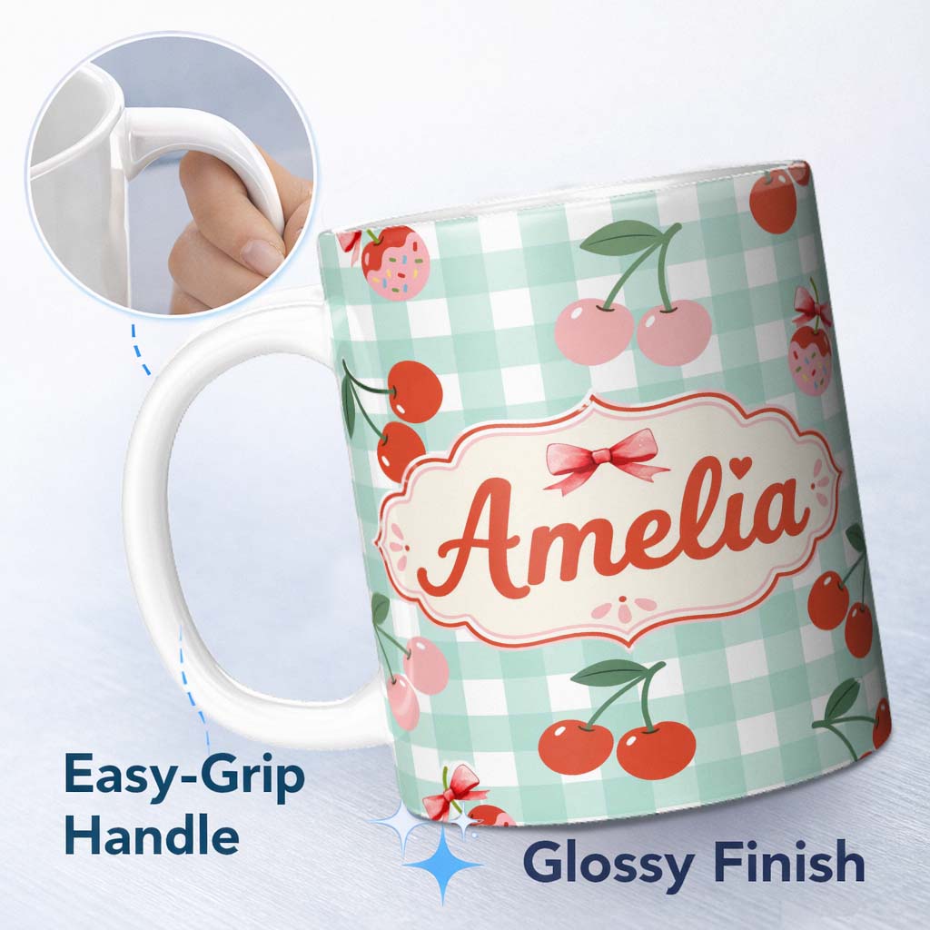 Personalized Custom Name Cherry Fruit Pink Gingham Picnic Check Seamless Pattern Lovely 11oz Ceramic Coffee Tea Mug White Large Handle
