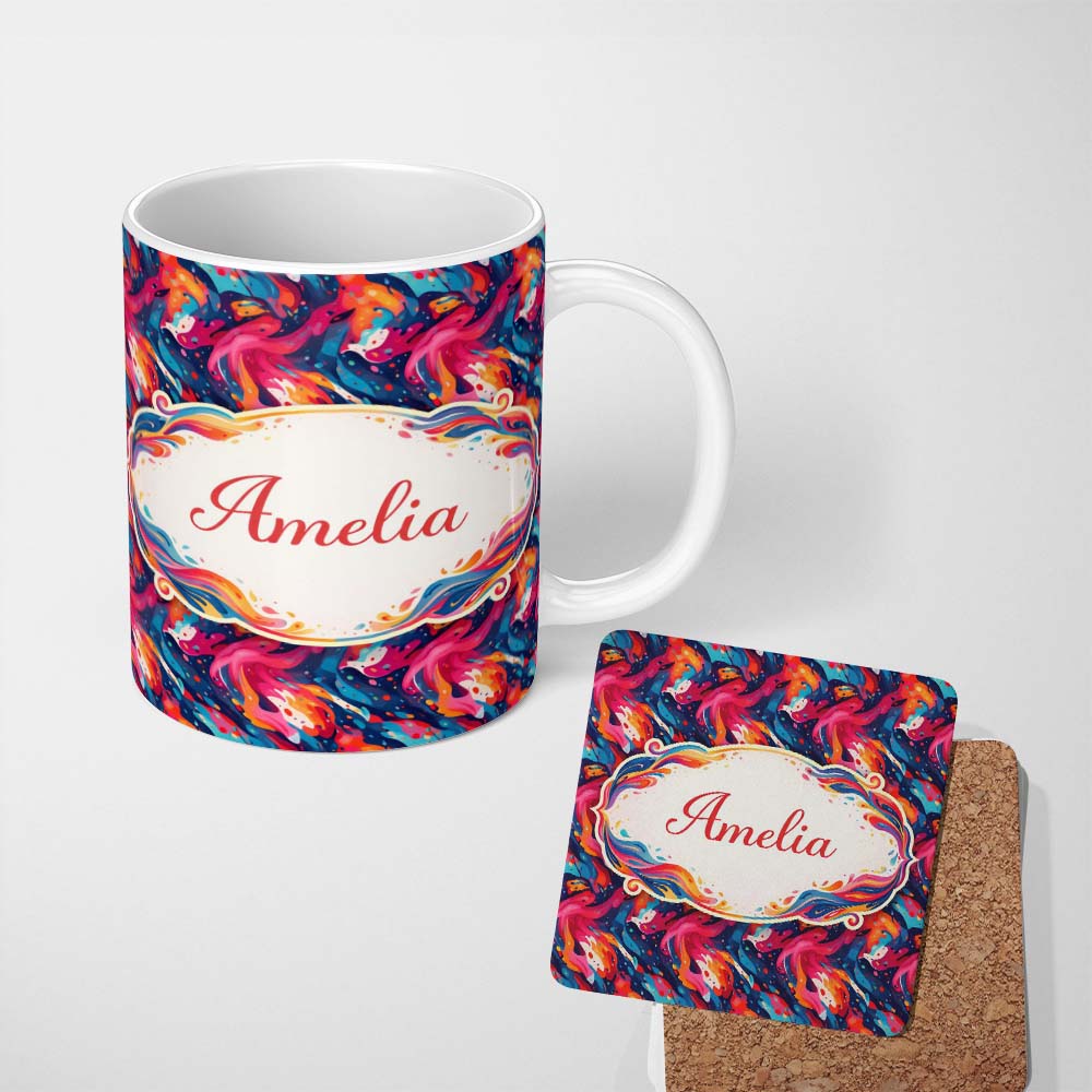 Personalized Custom Name High Contrast Marble Swirl Red Black White Abstract Pattern Lovely 11oz Ceramic Coffee Tea Mug White Large Handle